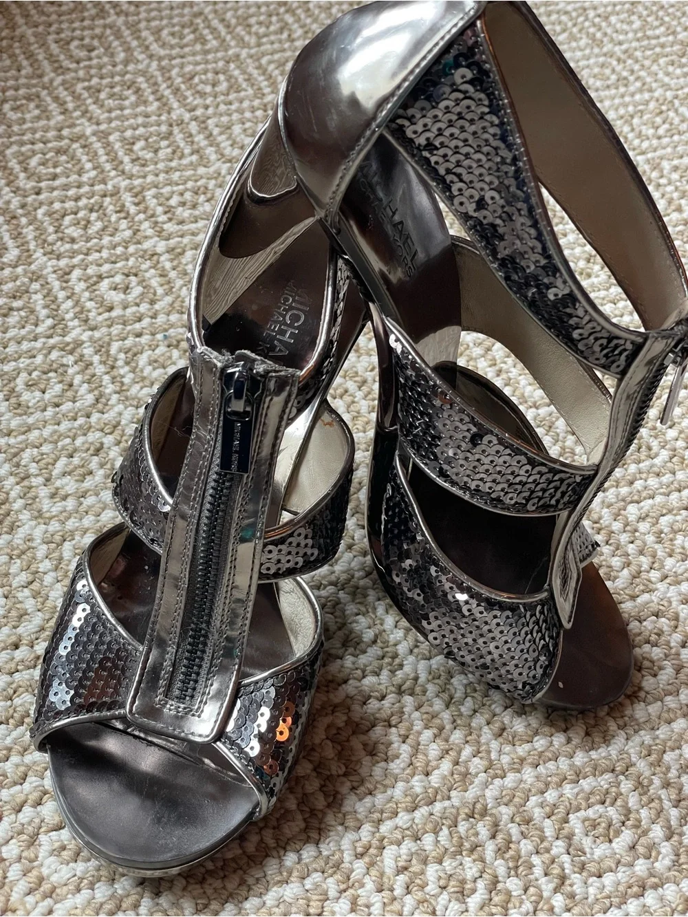 Michael Kors Berkley Sequin T-Strap Heels - Gunmetal Silver Size 9